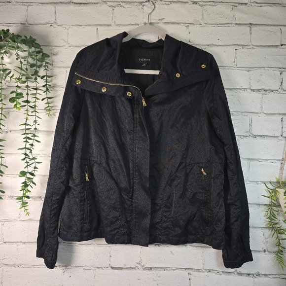 Talbots Jackets & Blazers - TALBOTS BLACK MOTO STYLE NYLON RAIN JACKET, ASSYMETRICAL SIZE 12